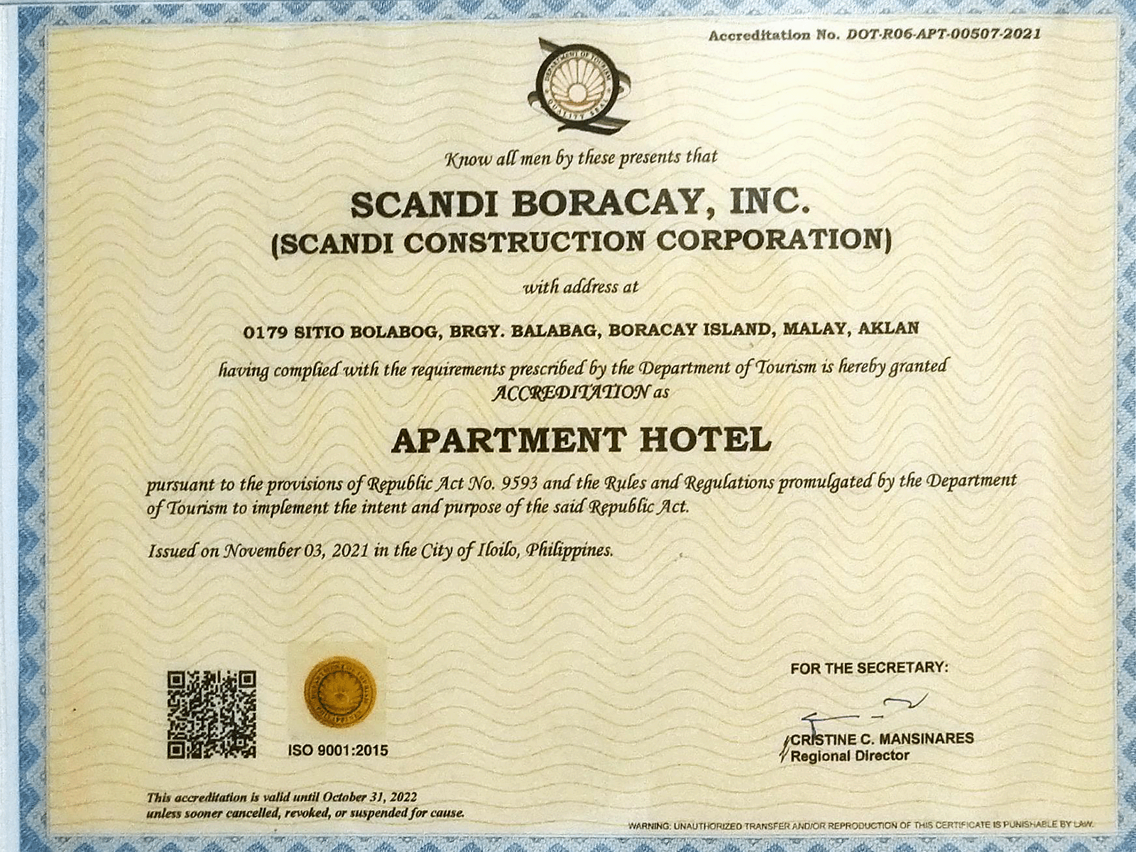 DOT Accreditation Certificate for Scandi Luxury Apartments Boracay